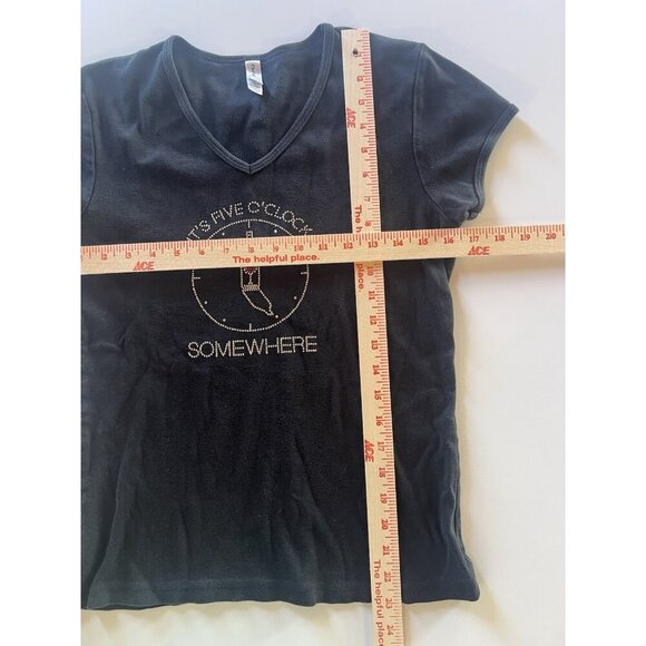 Vintage Y2K black v-neck tshirt It's 5 O'Clock Somewhere rhinestones retro sz L - Picture 6 of 8